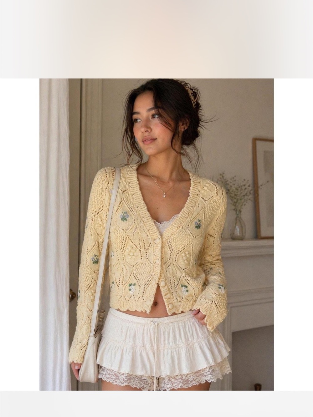 Zara Soft Yellow Knit V-Neck Cardigan with Floral Embroidery